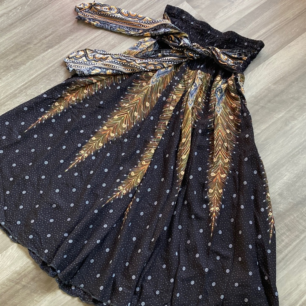 Happy Trunks Smocked Peacock Feather Self Tie Maxi Skirt Boho Global sz 3XL